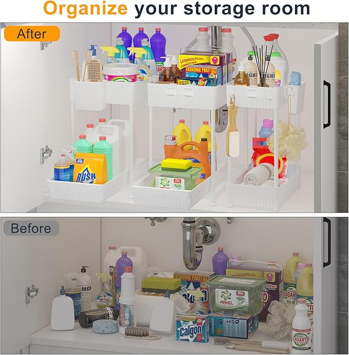 3 Pack Under Sink Organizers, 2-Tier Multi-Use Kitchen and Bathroom Organizers and Storage with Sliding Drawers，Bathroom Cabinet Organizer (White, 12.8 Inch)-NeatNest