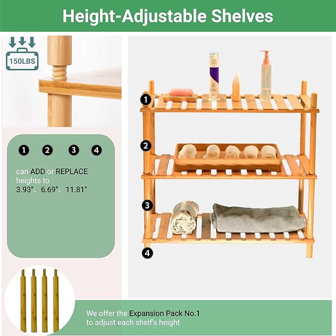 GOGOGO Bamboo Entryway Shoe Rack & Luggage Stand - 150lb Heavy Duty, 12.8” Extra-Deep Shelves, No-Tool Assembly, Modular 3-Tier Shoe Organizer(Natural, 9.0" H(3 Tier))-NeatNest