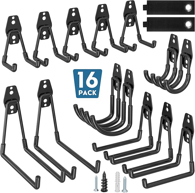 BONTEC Heavy Duty Garage Hooks, Anti-Slip Coated Black Steel with Strong Load Capacity, Multi-Sized U and J Hooks, Easy Wall Mount for Garage, Garden, Workshop (Black, 16 Pack)-NeatNest