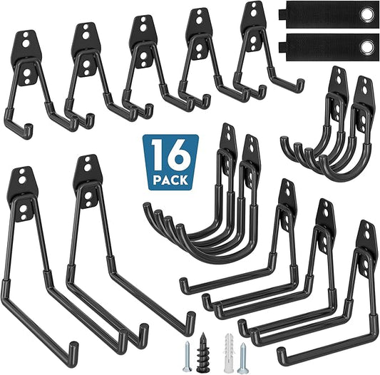 BONTEC Heavy Duty Garage Hooks, Anti-Slip Coated Black Steel with Strong Load Capacity, Multi-Sized U and J Hooks, Easy Wall Mount for Garage, Garden, Workshop (Black, 16 Pack)-NeatNest
