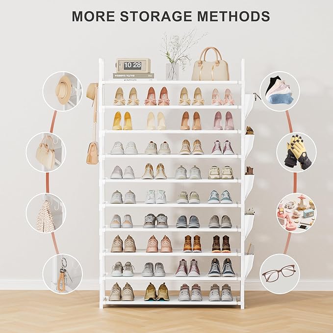 Tall Shoe Rack 10 Tier Shoe Racks Organizer for Closet 40-45Pairs,Large Capacity Storage Rack for Shoes with 5Hooks,Sturdy Metal Shoe Shelf, Vertical Shoe Stand Tower-NeatNest