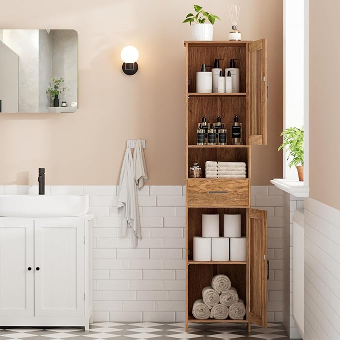 Homhedy 67" H Tall Bathroom Storage Cabinet with 2 Barn Doors and 1 Drawer, Narrow Storage Unit, Adjustable Shelves, Floor Cabinet for Bathroom, Living Room, Entryway, Kitchen, Rustic Walnut, (15.7"W)