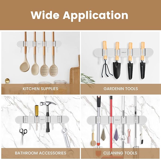 2Pcs Mop Holder with Hooks Wall Mounted Mop and Broom Holder Punch Free Broom Organizer Space Saving Broom Hanger Mop Clip Holder Hanging Mop and Broom Storage for Bathrooms Home,White (2)