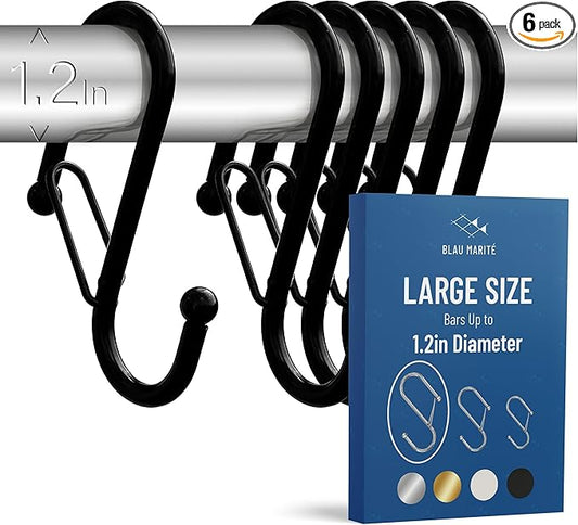 6 S-Shaped Hooks with Anti-Fall System. Anti Drop S-Shaped Hook with Safety Buckle to Prevent Falls. Heavy Duty. (Black, 4in Long (Diameter Rod<1.2in))-NeatNest