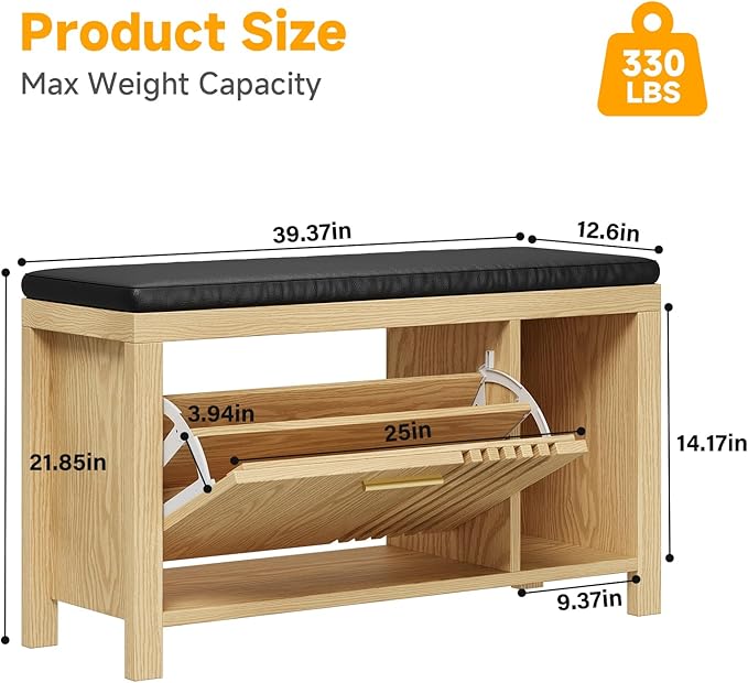 40" Shoe Storage Bench with Flip Drawers & Padded Seat Cushion, Adjustable Shelf, Slatted Doors Entryway Bench Shoe Cabinet with Bench for Entryway Living Room Bedroom, Natural