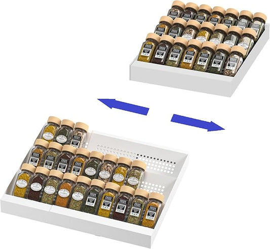 Expandable Metal Spice Drawer Organizer,3-Tier Slanted Seasoning Jars Tray for Kitchen Cabinet Drawers Insert/Countertop (Jars not included)-3Tier,2packs/White-NeatNest