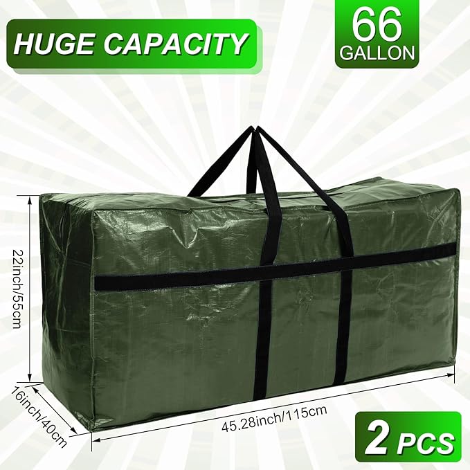 2 Pcs 66 Gallon Extra Large Moving Bags Storage Bags with Zipper and Handles Heavy Duty Duffle Bag Foldable Tote Bag for College Dorm Travel Clothes Blankets Bedding Moving(Army Green)
