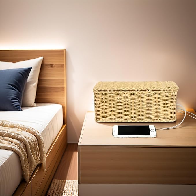 Cable Management Box Organizer,Handmade Rattan Cable Organizer with Lid,2 Side Open Slots Cord Organizer Hider Box to Hide Power Strip & Under Desk for Desk, Floor,12.4" x 5.11" x 5.11"