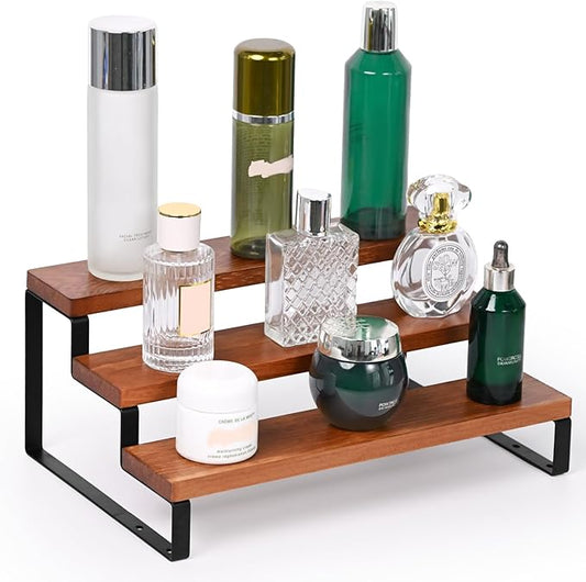 3 Tier Wooden Display Riser Stand Perfume Organizer with Metal Stand, Dessert Table Display Set, Food Display Stands for Party, Brown Rustic Solid Wood Shelf for Cupcakes, Perfume, Cologne, Spiece-NeatNest