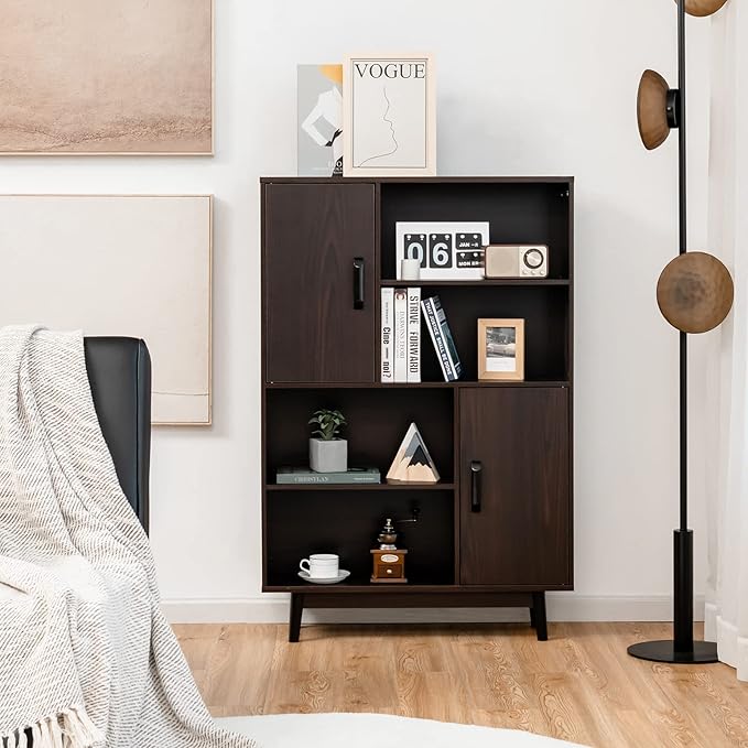 Giantex Storage Cabinet with Legs, Floor Cabinet with Doors, Shelves, Anti-Tipping Device, 4-Tier Bookshelf for Books & Photos, Tall Cupboard in Living Room, Kitchen Buffet Sideboard (Brown)