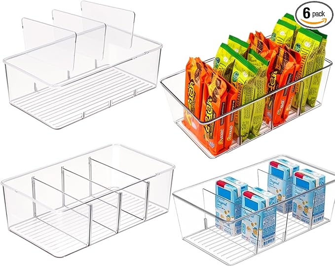 4 Pcs Clear Pantry Organizers and Storage,Plastic Storage Bins for Fridge with Removable Dividers, Kitchen Cabinet Organizers Ideal for Kitchen, Pantry, Refrigerator, Freezer, and Snack Storage-NeatNest