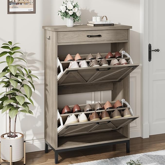 Shoe Storage Cabinet with 2 Flip Drawers, Narrow Shoe Cabinet for Entryway with 1 Top Drawer, Freestanding Hidden Shoe Rack Cabinet with Metal Legs for Foyer, Hallway (Grey)-NeatNest
