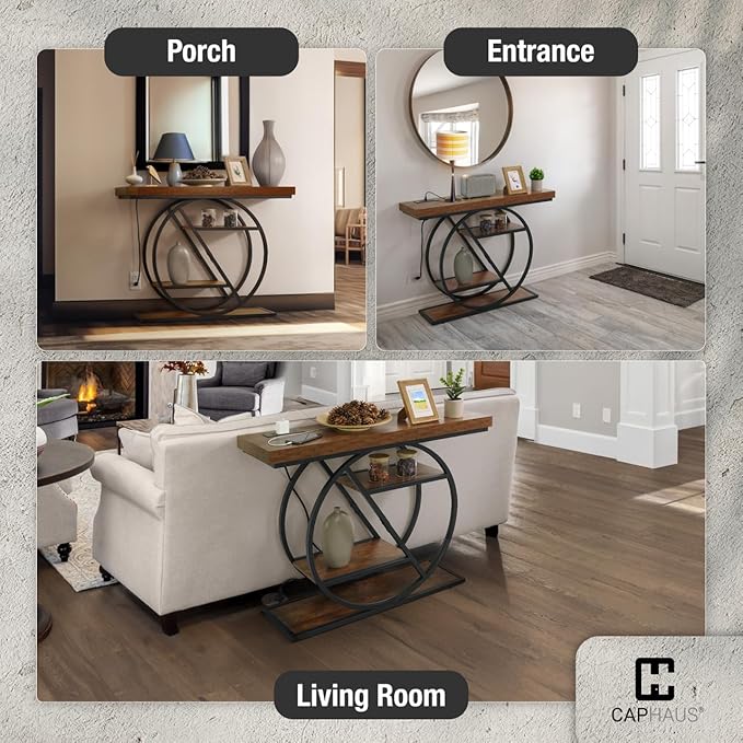 CAPHAUS 41” Unique Design 4-Tier Industrial Thick Sofa Console Table w/Storage & Charging Station, Entrance Tableau w/ 2 Outlets, USB & Type-C Ports for Living Room, Hallway, Rustic, Hourglass-NeatNest