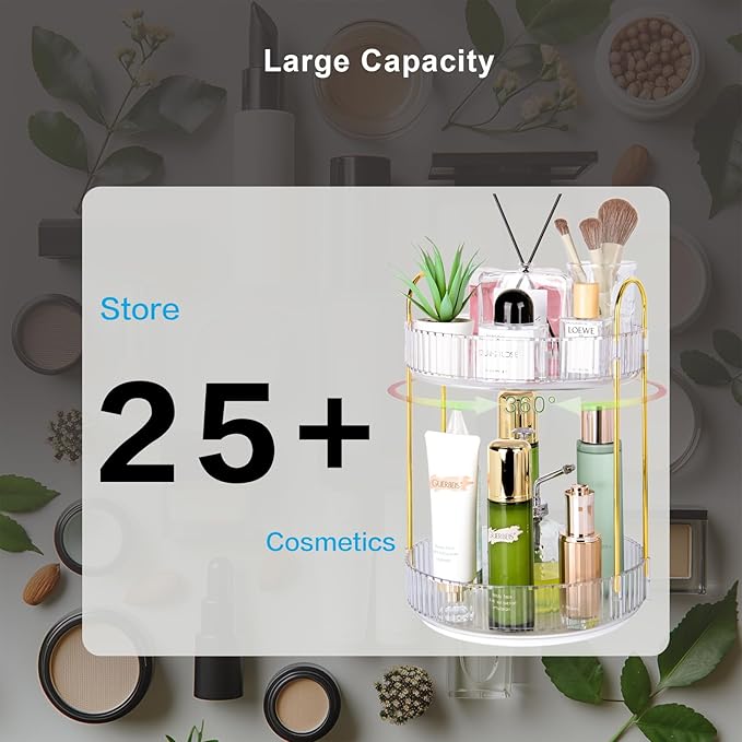 360 Rotating Makeup Organizer - Large Capacity Spinning Perfume & Cosmetic Skincare Holder for Countertop (Pearl White, 2 Tier)-NeatNest