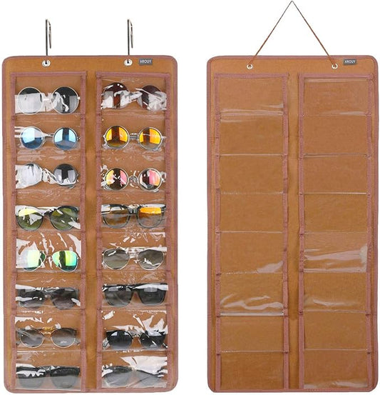 AROUY Sunglasses Organizer - Hanging Wall Pocket with 16 Felt Slots, Metal Hook and Sturdy Rope (Brown, Dust Proof)-NeatNest