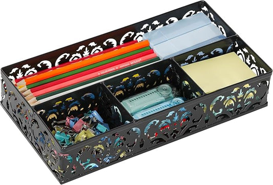 EasyPAG Desk Drawer Organizer with 4 Compartments, Carved Hollow Floral Metal Tray for Office, Jewelry, Cosmetics - No Assembly, Black-NeatNest