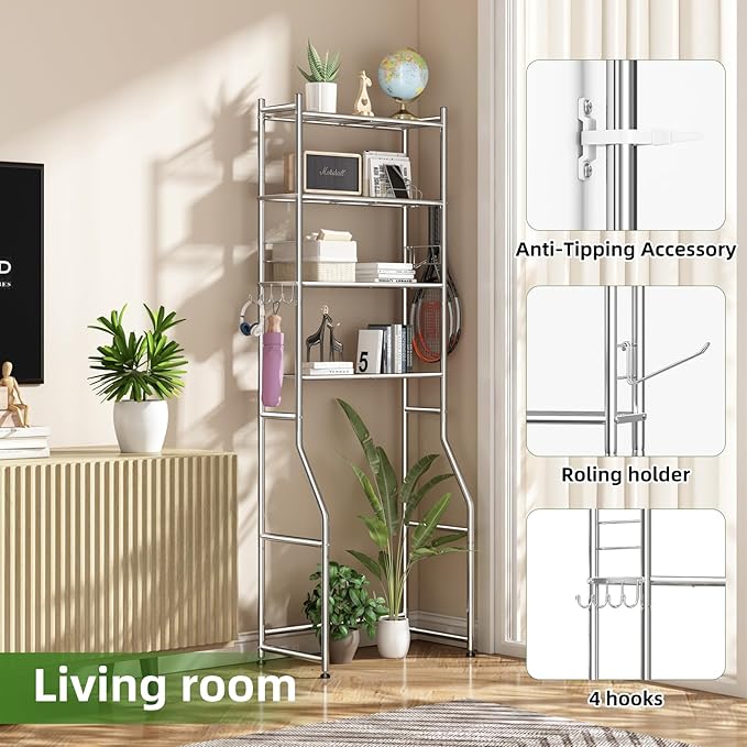 4-Tier Over The Toilet Rack, Shelf Bathroom, Bathroom Storage Organizer with 4 Hooks and Holder Space Saver, Chrome