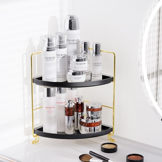 FSyueyun 2-Tier Corner Bathroom Counter Organizer, Tool-Less Installation Vanity Shelf Small Plastics Countertop Makeup Tray Skincare Perfume Organizers (Gold & Black)-NeatNest