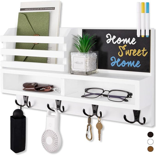 Key Holder for Wall, Wall Mounted Mail Holder Wooden with Shelf & 3 Liquid Chalks & Chalkboard, Mail Sorter Organizer, Rustic Home Decor - Entryway Living Room (15.98”W x 9.1”H x 3.3”D), White