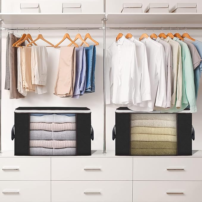 Budding Joy 90 L Large Storage Bags, 10 Pack Clothes Storage Bins Foldable Closet Organizers Storage Containers with Reinforced Handle for Clothing, Blanket, Comforters, Bed Sheets, Pillows (Black)-NeatNest