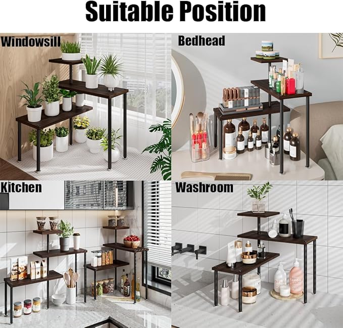 Countertop Organizer Organization 3 Tier Kitchen Corner Shelves Adjustable Spice Storage Rack for Bathroom Coffee Area Over Sink (Black Oak)-NeatNest