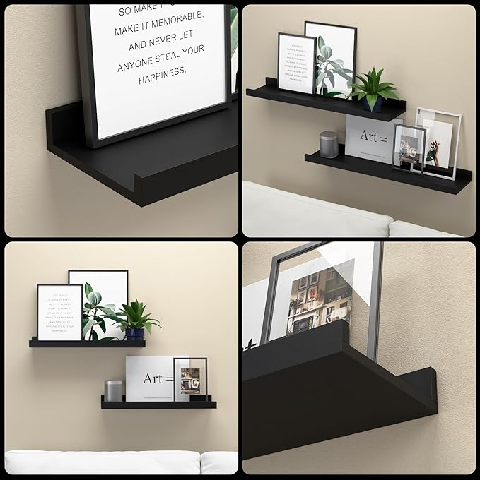 Floating Shelves Wall Mounted Set of 2, Modern Black Wall Shelves for Storage with Lip, Display Picture Ledge Shelf for Wall Decor Bedroom Living Room Bathroom Kitchen-NeatNest