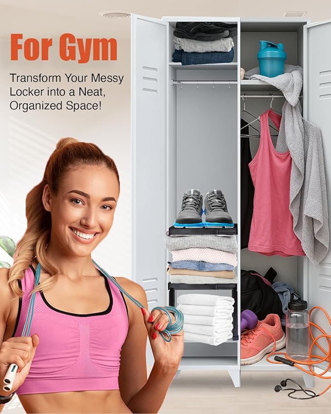 Adjustable Lokcer/Cabinet Organizer Shelf， Adjustable Width and Height, Ideal Locker for School, Office, and Gym Lockers… (Black 2 Pack New Version)
