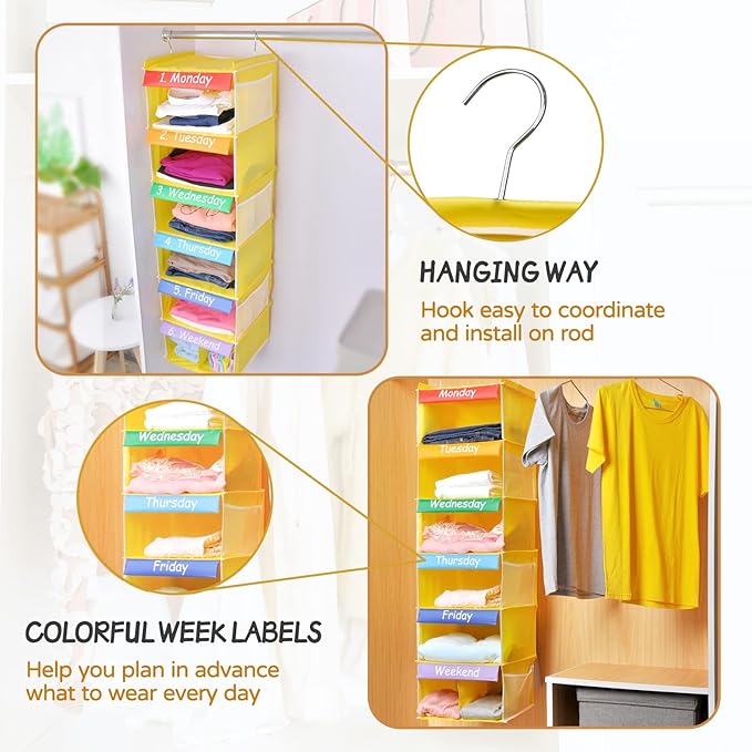 6-Shelf Weekly Closet Hanging Organizer for Kids, 7-Grid Days of The Week Baby Kids Clothing Organize Monday Through Sunday, Foldable Oxford Cloth Closet Clothes Organize Weekday (Yellow)-NeatNest