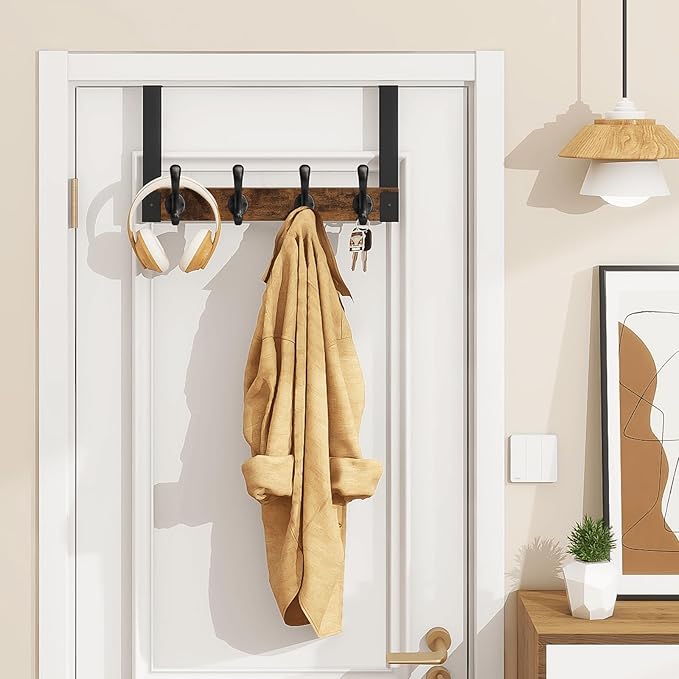 Homode Over The Door Hooks Heavy Duty, Wood Over Door Hanger Hook with Coat Hooks for Hanging Towels, Clothes, Hats, Bags - Rustic Brown Black