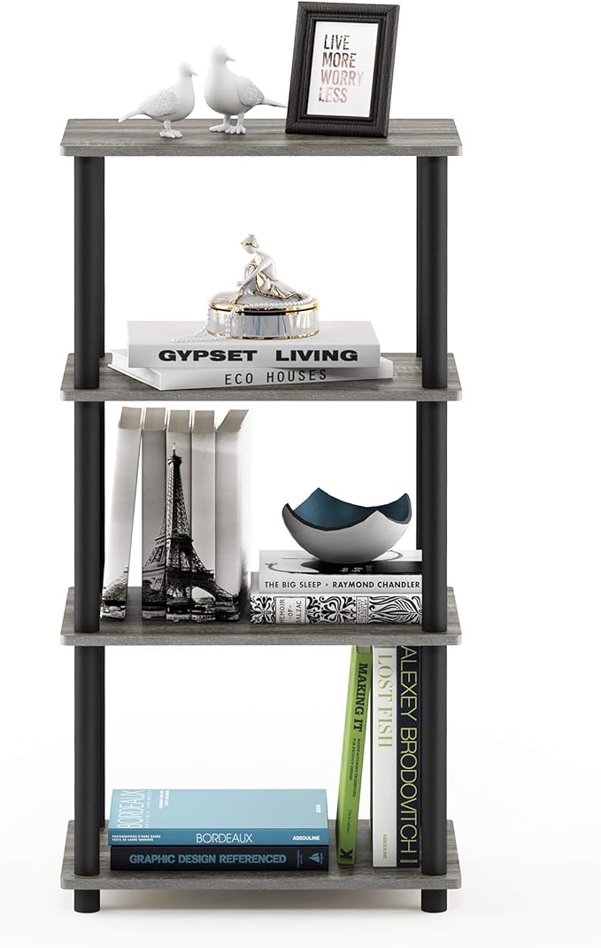 Furinno Turn-N-Tube No Tool 4-Tier Storage Shelf, Narrow, French Oak Grey/Black-NeatNest