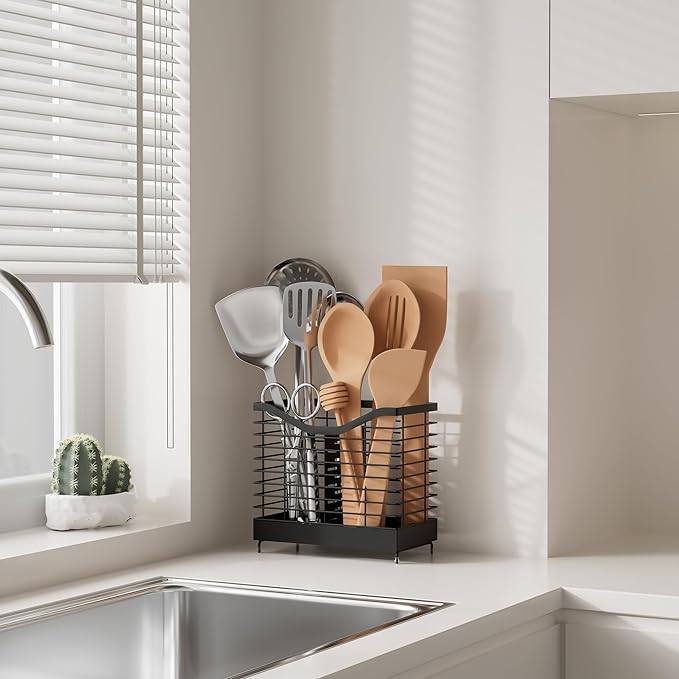 2 Grids Utensil Holder for Kitchen Counter - 7.9" x 4.3" x 7.5", Kitchen Utensil Racks, Spoon Holder, Kitchen Utensil Organizer for countertop, Black-NeatNest