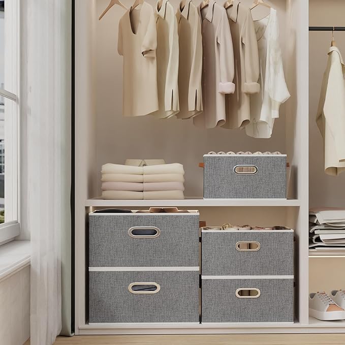 Yawinhe Fabric Storage Baskets, Foldable Closet Organizer for Shelves, Large Boxes with 3 Handles, Canvas Bins for Clothes, Grey, 12.99''Lx9.05''Wx7.87''H, 4-Pack-NeatNest