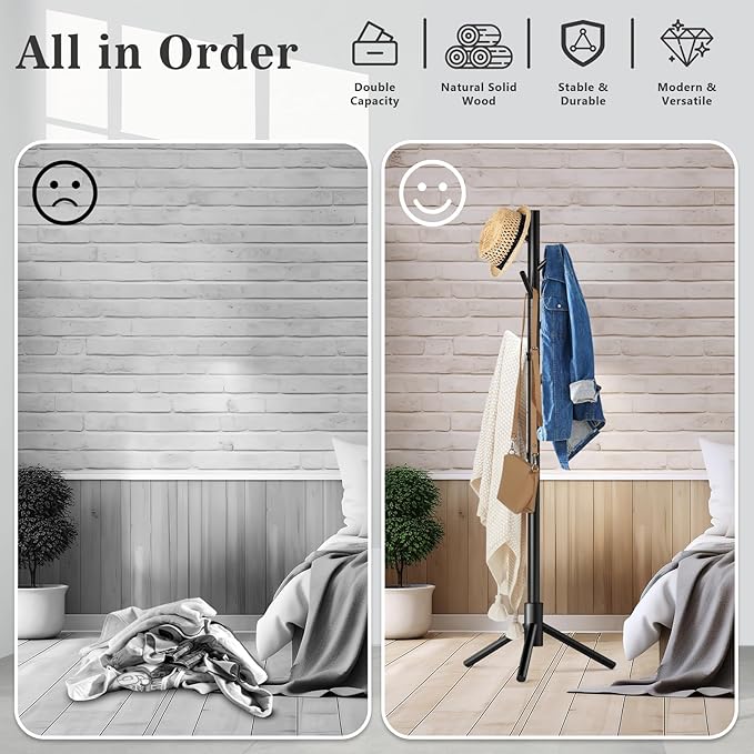 2 Pack Coat Rack, Solid Wood Coat Rack Freestanding with 8 Hooks & 3 Adjustable Heights, Simple Assembly Coat Tree for Hats, Bags, Wooden Coat Hanger Stand for Bedroom, Entryway, Office-NeatNest