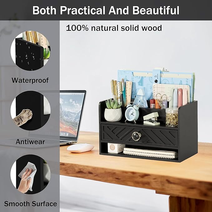 Black Wood Desk Organizer and Accessories with Drawer, Bill Mail Organizer and File Mail Holder for Office Supplies, Desk Accessories & Workspace Organizers for Desk Organization-NeatNest