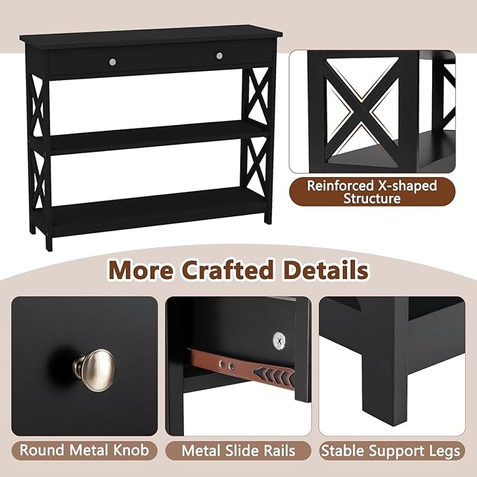 GOFLAME 39" Console Sofa Table with Drawers, 3-Tier Narrow Entry Table with Storage Shelves for Living Room Behind Couch, Entryway, Hallway (Black)-NeatNest