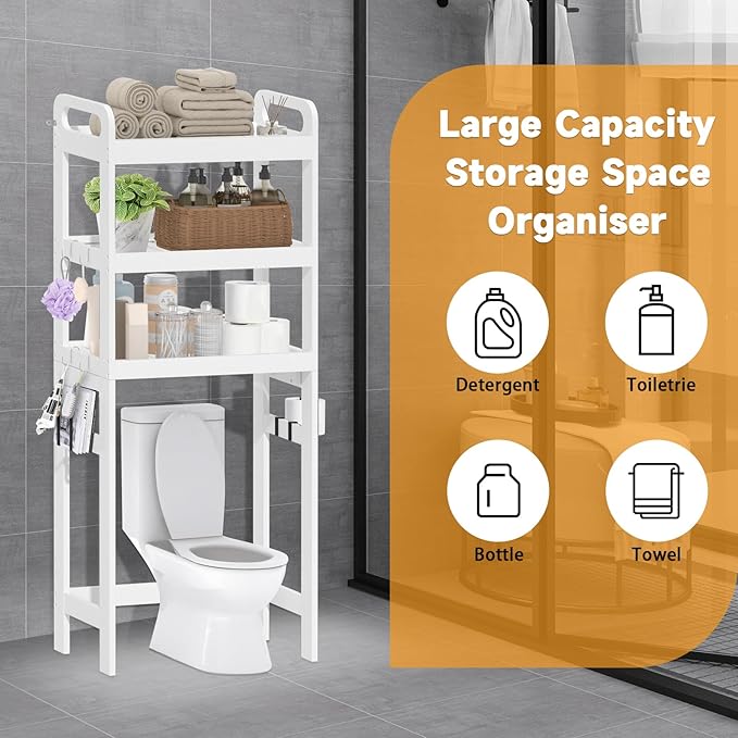 3 Tiers Over The Toilet Storage Shelf, Space Saver Bathroom Organizer Shelves with Toilet Paper Holder and Hooks, Freestanding Toilet Rack for Washroom Balcony (White)