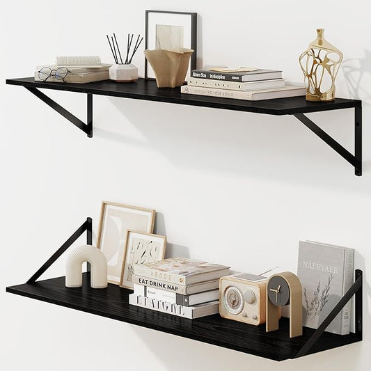 Fun Memories Deep Floating Shelves for Wall, 36W x 8D Wall Mounted Shelves Set of 2, Wide Display Ledge Shelf with Sturdy Metal Brackets for Living Room, Bathroom, Bedroom and Kitchen, Black-NeatNest