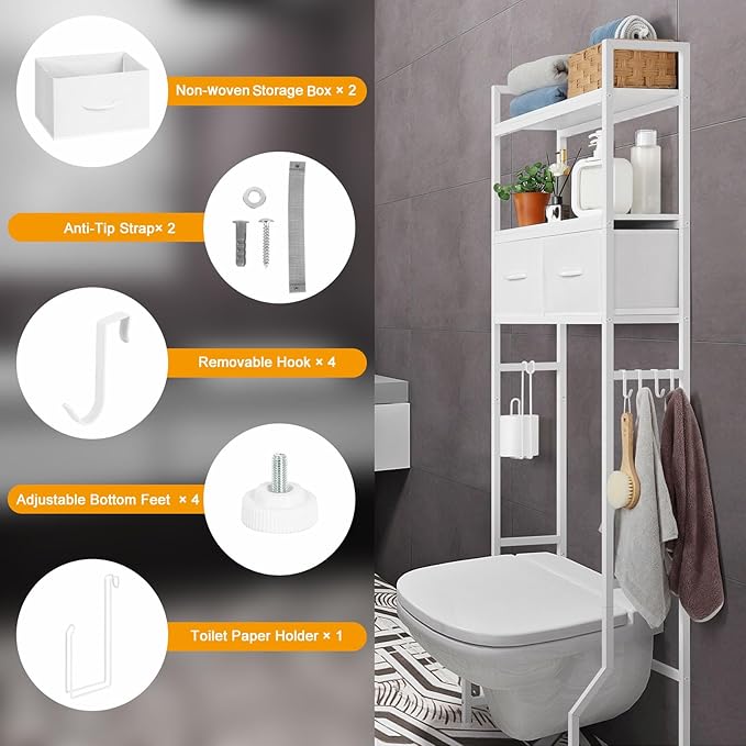 ETELI Over The Toilet Storage Cabinet with Fabric Drawers 3-Tier Over Toilet Bathroom Organizer Behind Toilet Bathroom Shelf Organizer with 4 Hooks Freestanding Bathroom Space Saver White