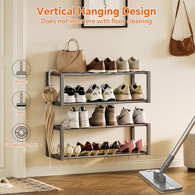 Homeiju Hanging Shoe Organizer,2 Pack Wall Mounted Shoe Rack Holds 12 Pairs,Space Saving Metal Wall Shoe Rack,Hanging Shoe Rack Shoe Holder for Small Space,Entryway,Closet,RV,Camper (Grey)-NeatNest