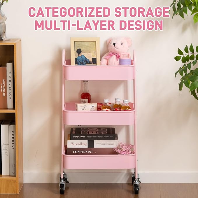 AGTEK 3-Tier Rolling Carts with Wheels, Rolling Utility Cart with Iron Frame for Kitchen, Plastic Shelves, Living Room, Office, Pink