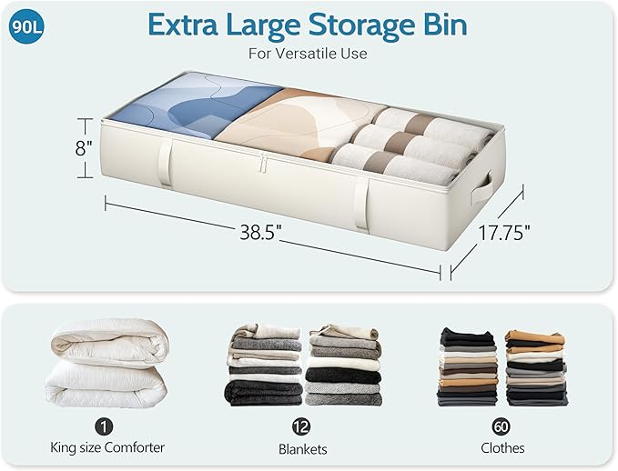 2-Pack Under Bed Storage Containers, 8 Inches Tall Underbed Clothes Storage Organizer Bin with Sturdy Sidewalls/Bottom, Under the Bed Storage Bags 2 Storage Bins, Beige-NeatNest