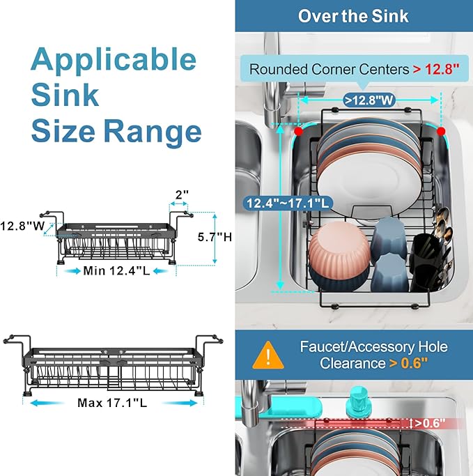 iSPECLE Expandable in Sink Dish Drying Rack - Adjustable Capacity (12.4''-17.1''L) Over The Sink Dish Drainer Drying Rack for Kitchen Counter and Sink, Dish Rack with Utensil Holder, Black