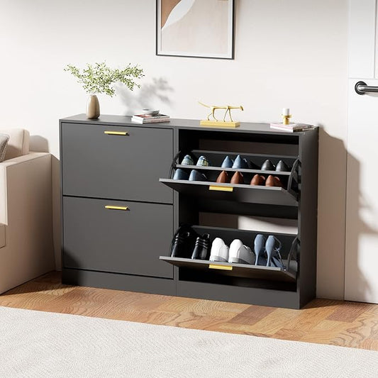 JOZZBY Shoe Cabinet for Entryway, Narrow Shoe Storage Cabinet with 2 Flip Drawers, Wooden Hidden Shoe Rack Organizer with 2 Tier Freestanding for Hallway, Living Room, Set of 2, Black-NeatNest