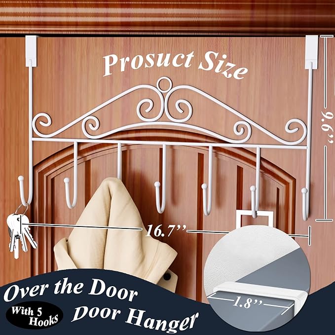 Over The Door Hook Coat Rack & Towel Rack - 7 Hooks, Bathroom Door Hooks, Clothes & Belt Hanger, White