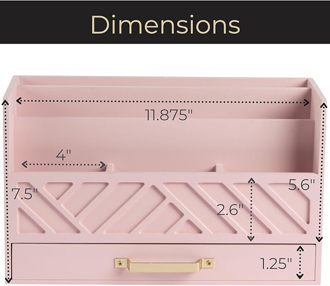 BLU MONACO Pink Wooden Desk Organizer with Storage Drawer and Gold Handle – Cute Office Supplies Holder – Mail Storage for Desktop at Home, Office, or Workspace-NeatNest