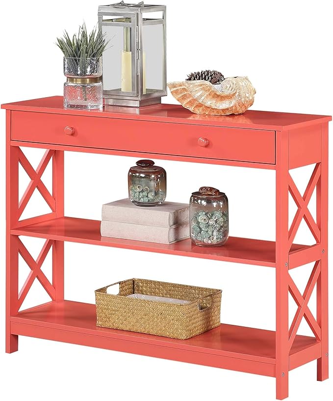 Convenience Concepts Oxford 1 Drawer Console Table with Shelves, Coral-NeatNest