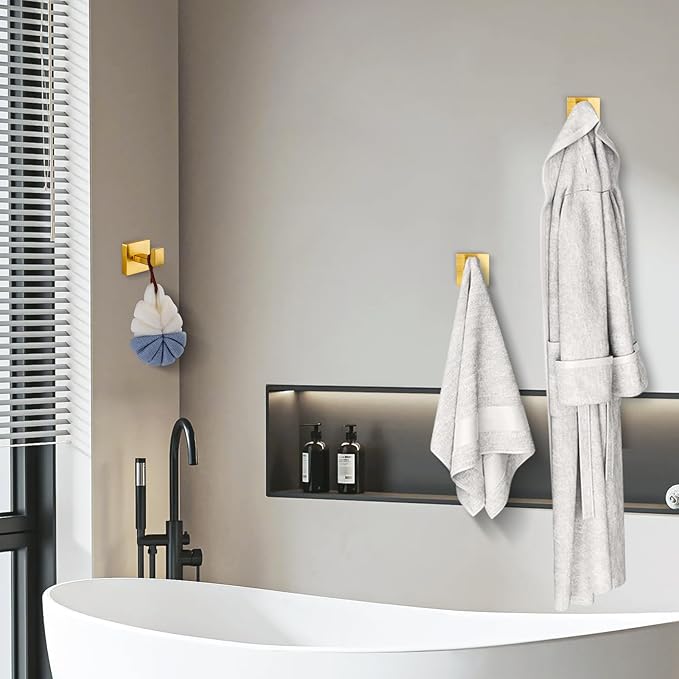 Brushed Gold Towel Hooks for Bathrooms, Heavy Duty Wall Mounted Stainless Steel Modern Hook, 4 Pack – Ideal for Hanging Towels, Robes, Coats, in Kitchen, Bedroom, Bathroom, or Hotel-NeatNest