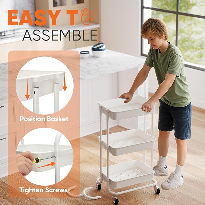 Sekey 3 Tier Rolling Cart Plastic, Easy Install Utility Cart on Wheels, Heavy Duty Storage Cart with Lockable Wheels for Baby Nursery, Bathroom, Kitchen, Laundry Room, White