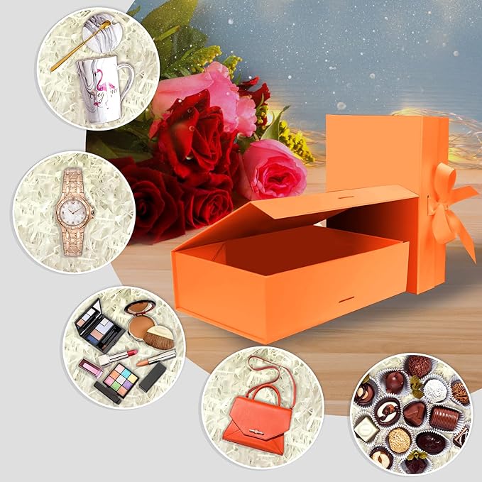 10.5"X7.5"X3.1" Orange Magnetic Gift Box with Lid and Ribbon for Presents-NeatNest