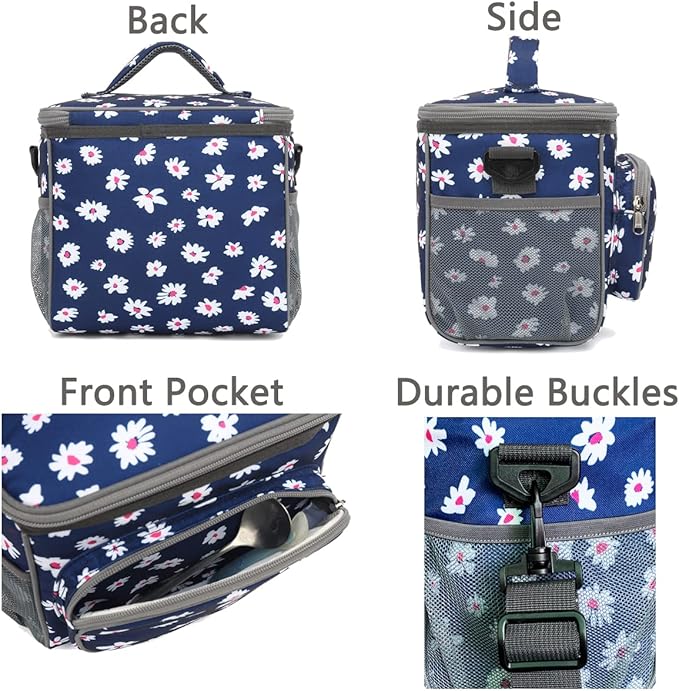 FlowFly Insulated Reusable Lunch Bag Adult Large Lunch Box for Women and Men with Adjustable Shoulder Strap,Front Zipper Pocket and Dual Large Mesh Side Pockets,Daisy-NeatNest